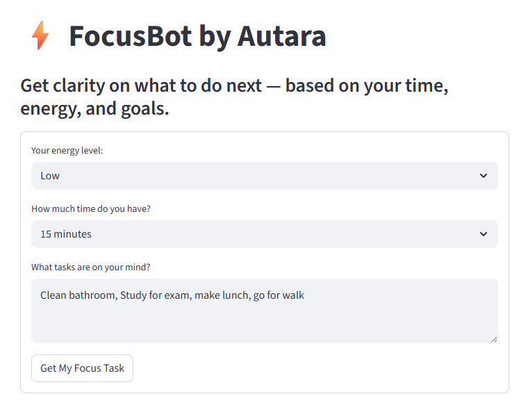 FocusBot AI Productivity Tool Interface